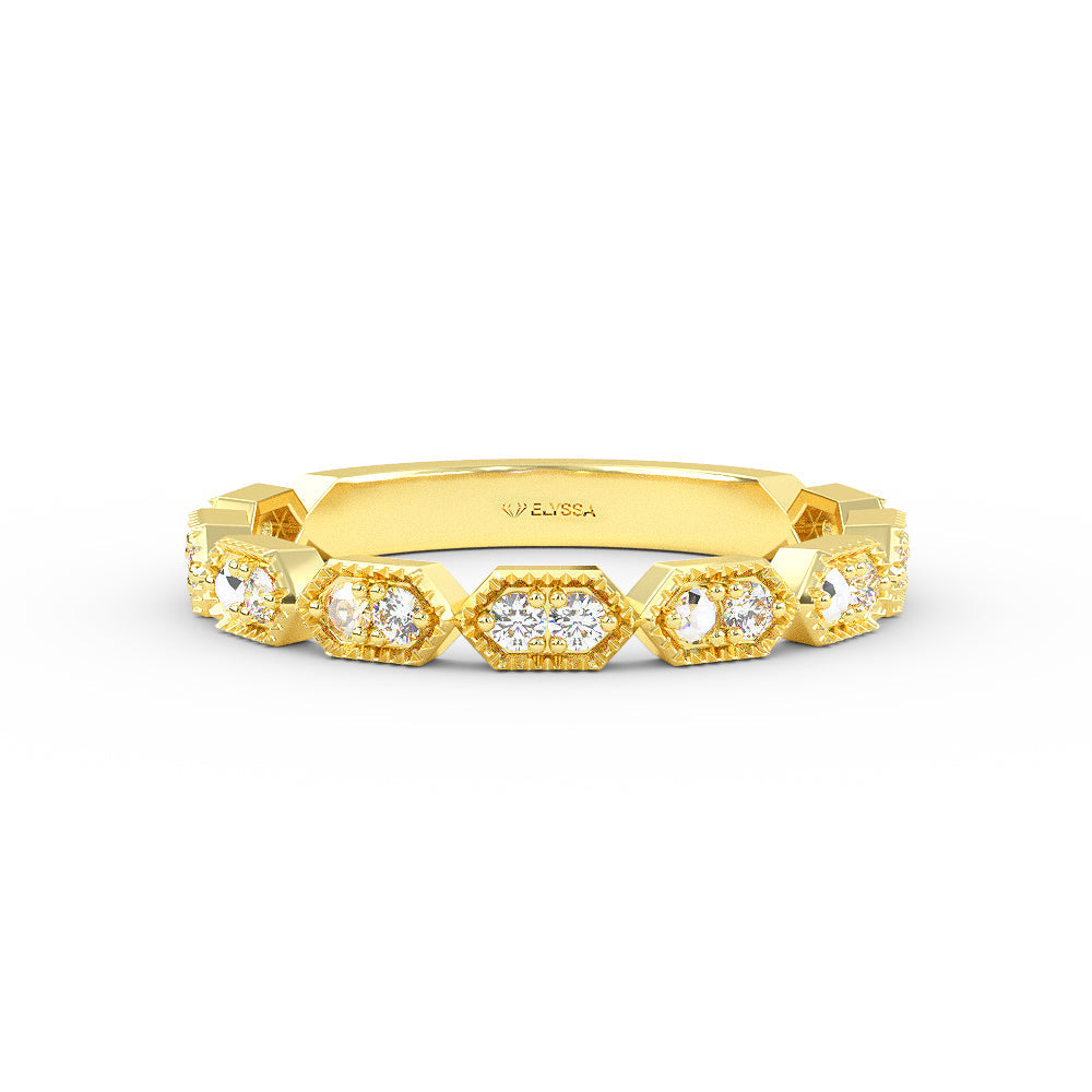 14K Yellow Gold Art Deco Round Diamond Wedding Band