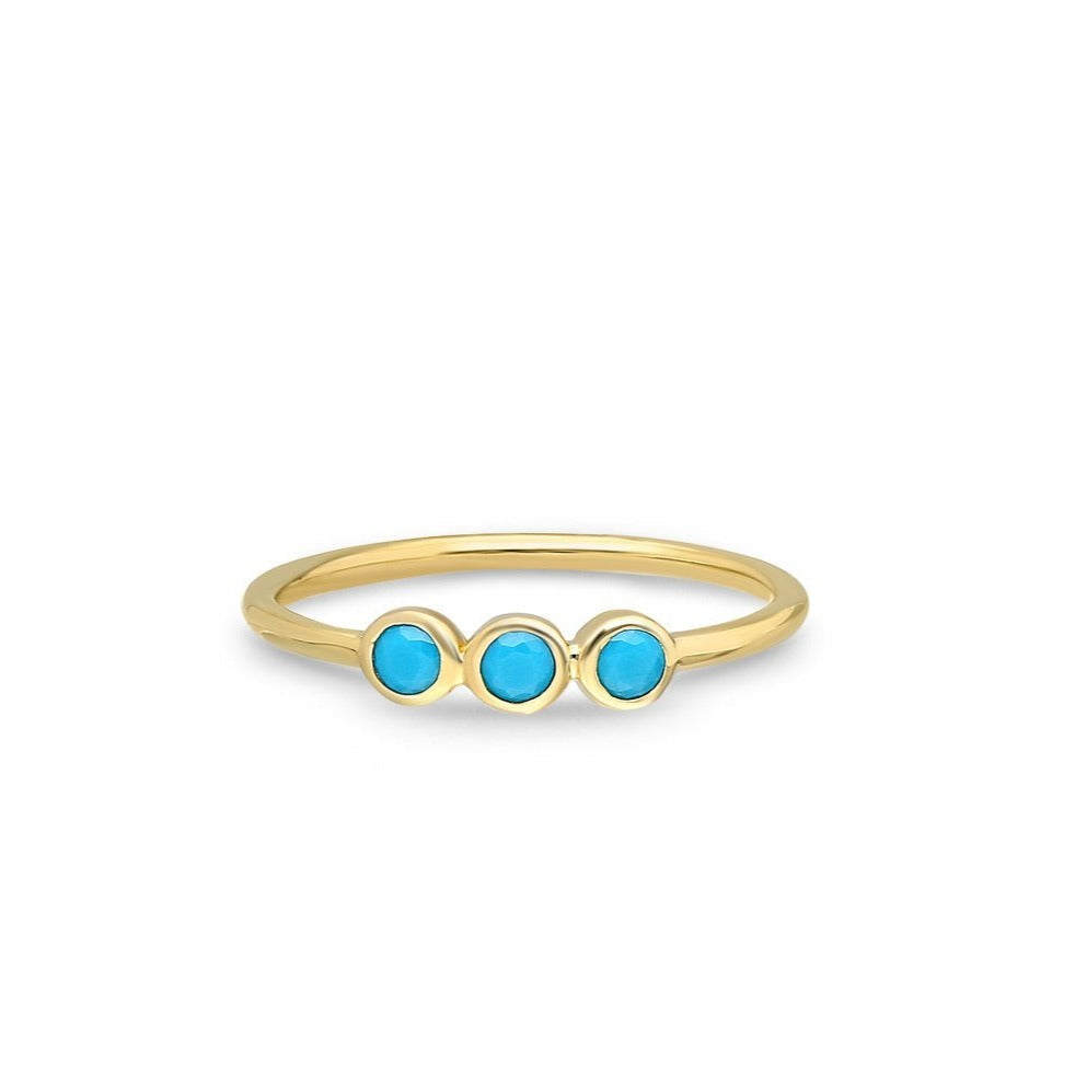 14K Yellow Gold Three Stone Bezel Set Turquoise Ring