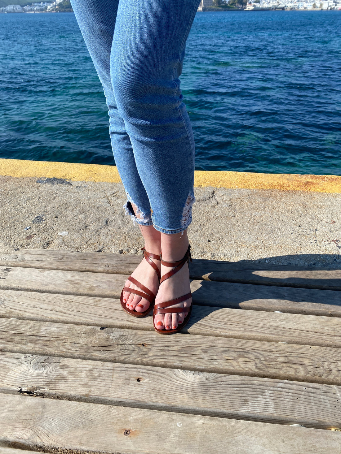 Galena Chestnut Brown Leather Women’s Sandals - Handmade Flat Sandal, Low Heel Strapped Travel Comfortable Sandal