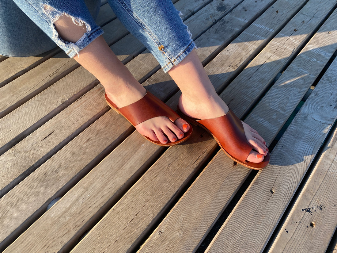 Chestnut Brown Leather Flat Slide Slippers for Women