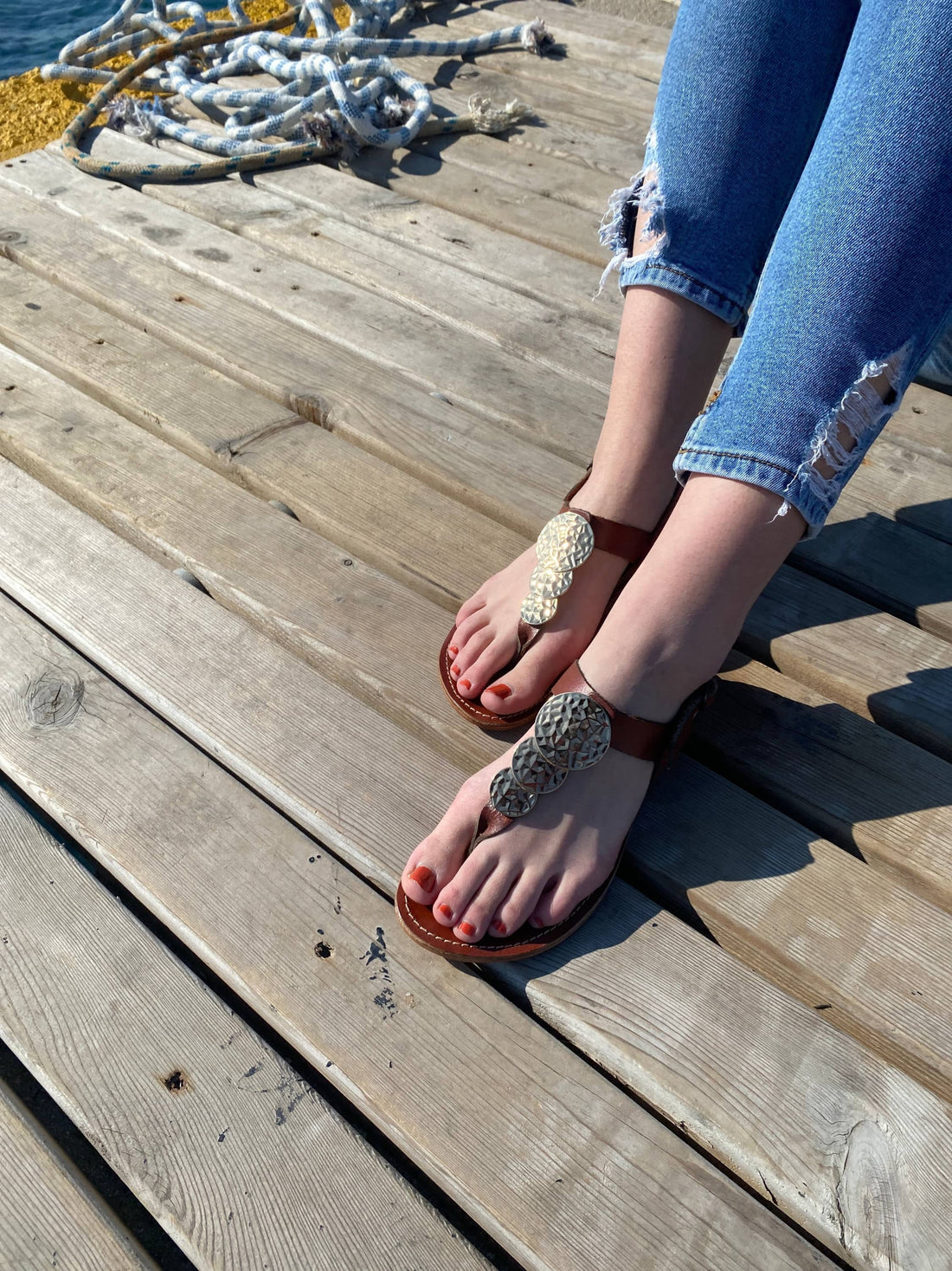 Nereus Chestnut Brown Leather Women’s Sandals - Handmade Flat Sandal, Low Heel Strapped Travel Comfortable Sandal