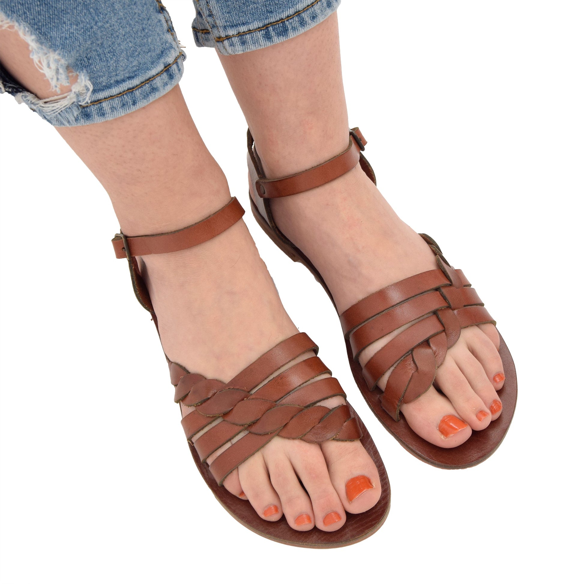 Ankle Strap Comfort Leather Flat Sandal - Women Chestnut Brown