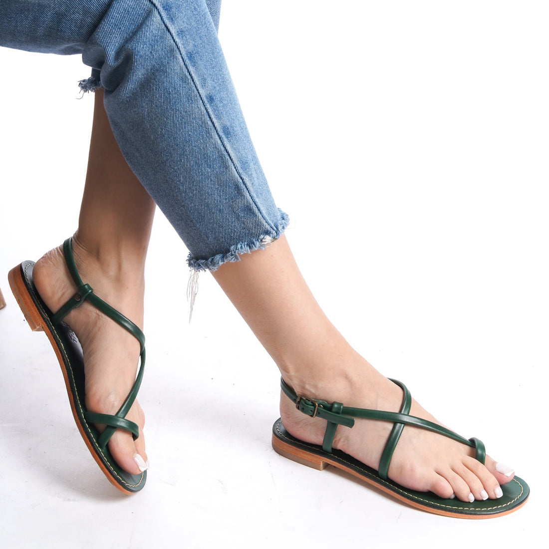 Ankle Strap Comfort Leather Sandal - Women Green