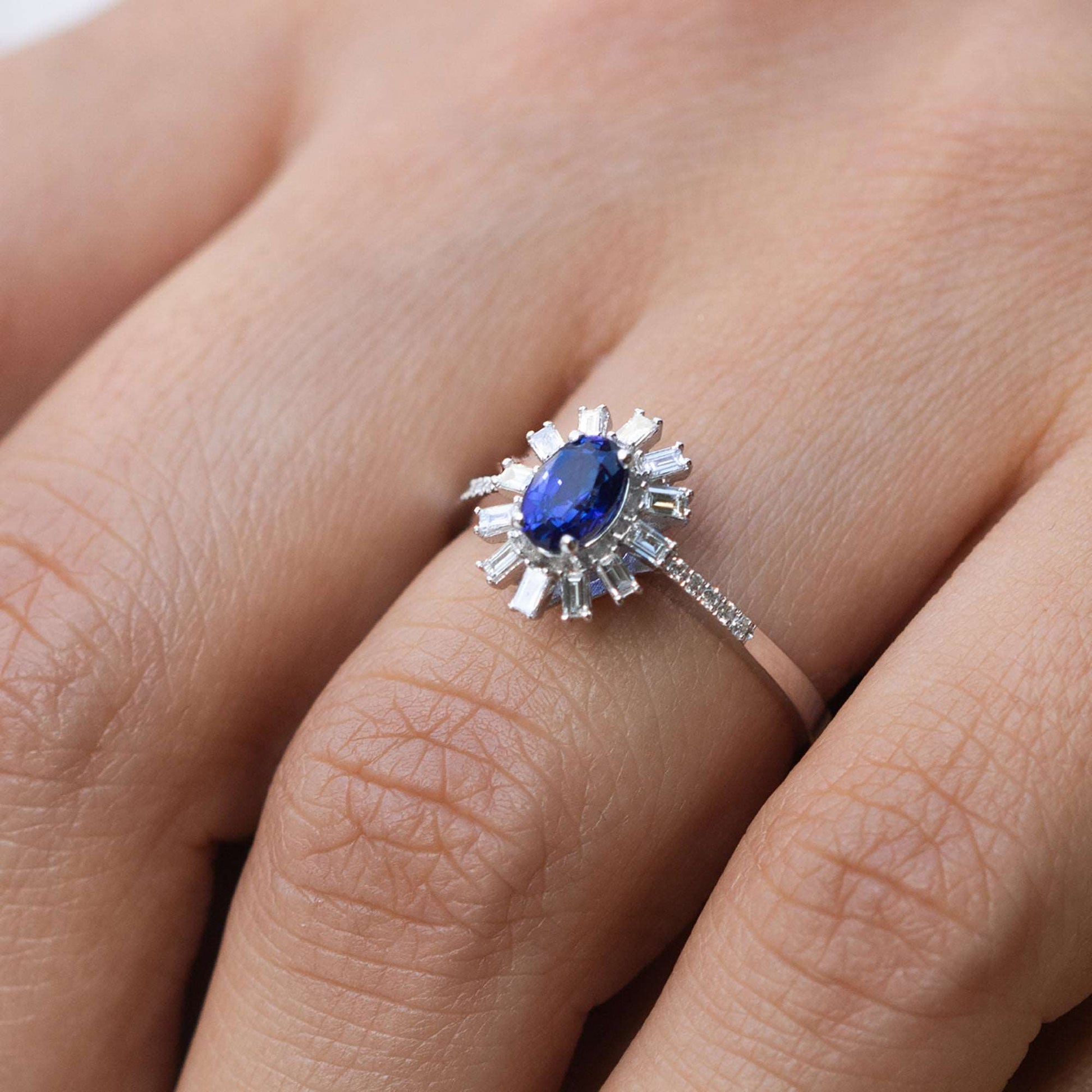 14 White Gold Blue Sapphire and Baguette Diamond Ring Shop online from Artisan Brands