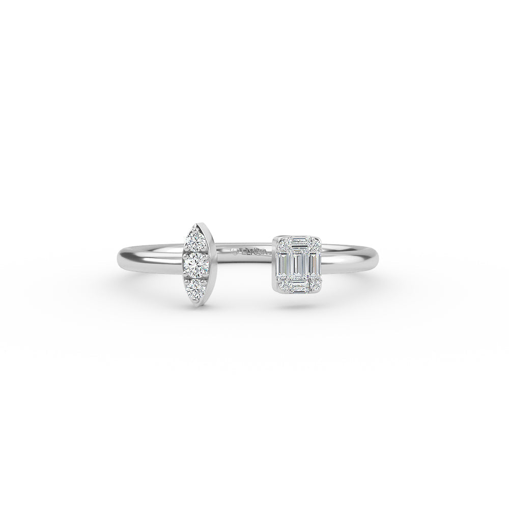 0.20ct 14K Yellow Gold Diamond Baguette and Round Cut Open Ring - 14K White / 3 Shop online from