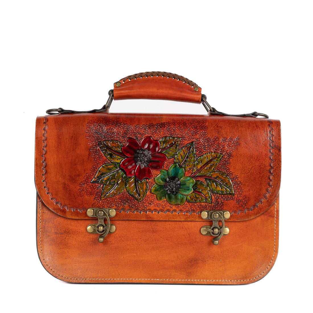 Two Flowers Chestnut Brown Leather Carved & Crafted Hand Bag - Handbags Zengoda Shop online from Artisan Brands