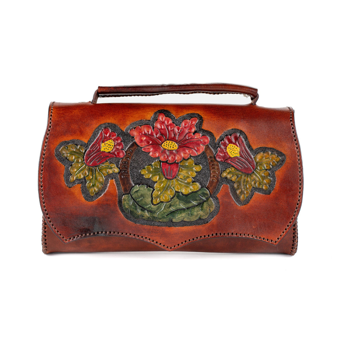 Mylasa Leather Carved & Crafted Hand Bag - Chestnut Brown - Handbags Zengoda Shop online from Artisan Brands