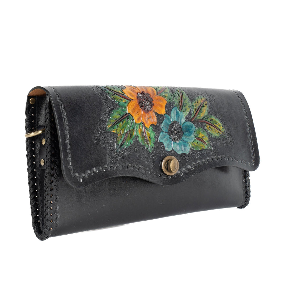 Two Roses Black Leather Carved & Crafted Hand Bag - Handbags Zengoda Shop online from Artisan Brands