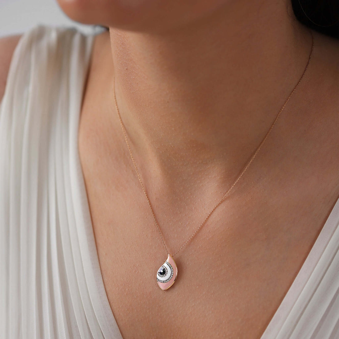 Jewelry Evil Eye | Diamond Pendant | 0.10 Cts. | 18K Gold - Rose / 40 - 42 Cm / 0.1 Diamonds - necklace Zengoda