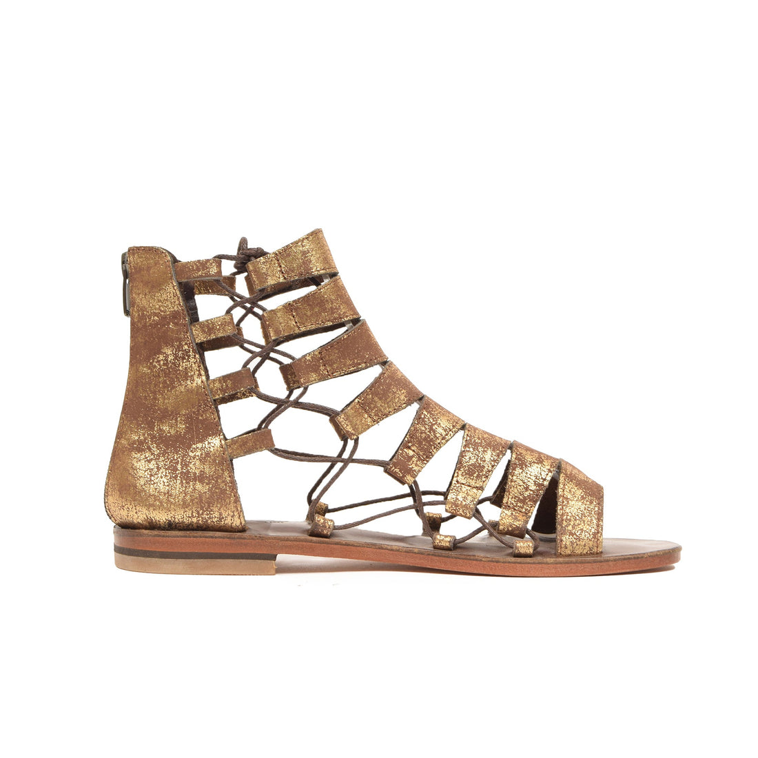 Hestia Gold Leather Women’s Sandals - Handmade Flat Sandal, Low Heel Strapped Travel Comfortable Sandal