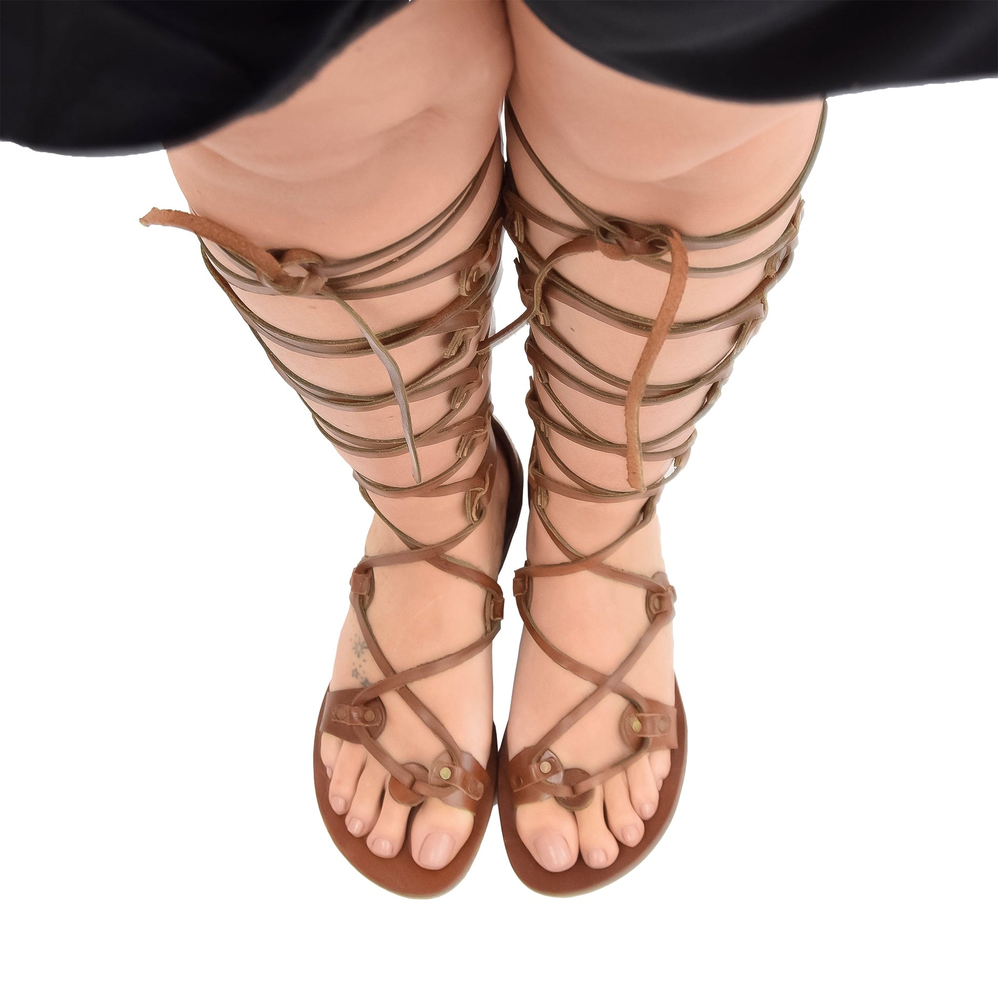 Knee High Gladiator Flat Leather Sandal for Women Chestnut Brown