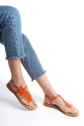 Leather Floral T Strap Sandal for Women Orange