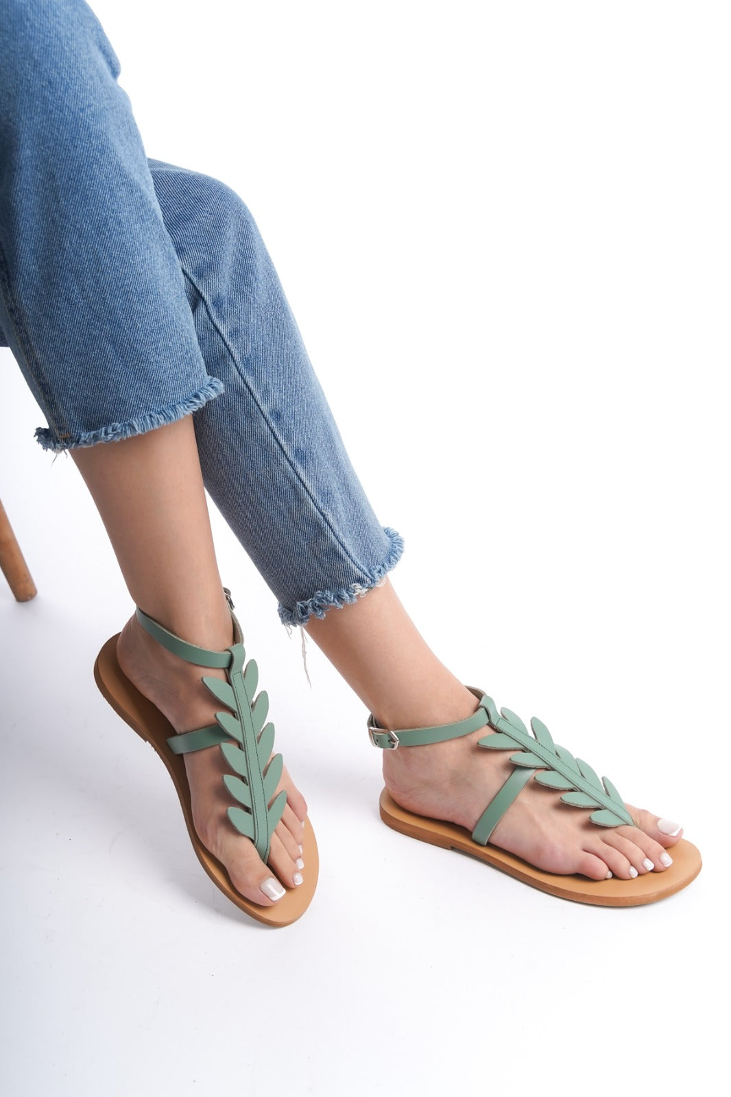 Leather Floral T-Strap Sandal for Women Turquoise