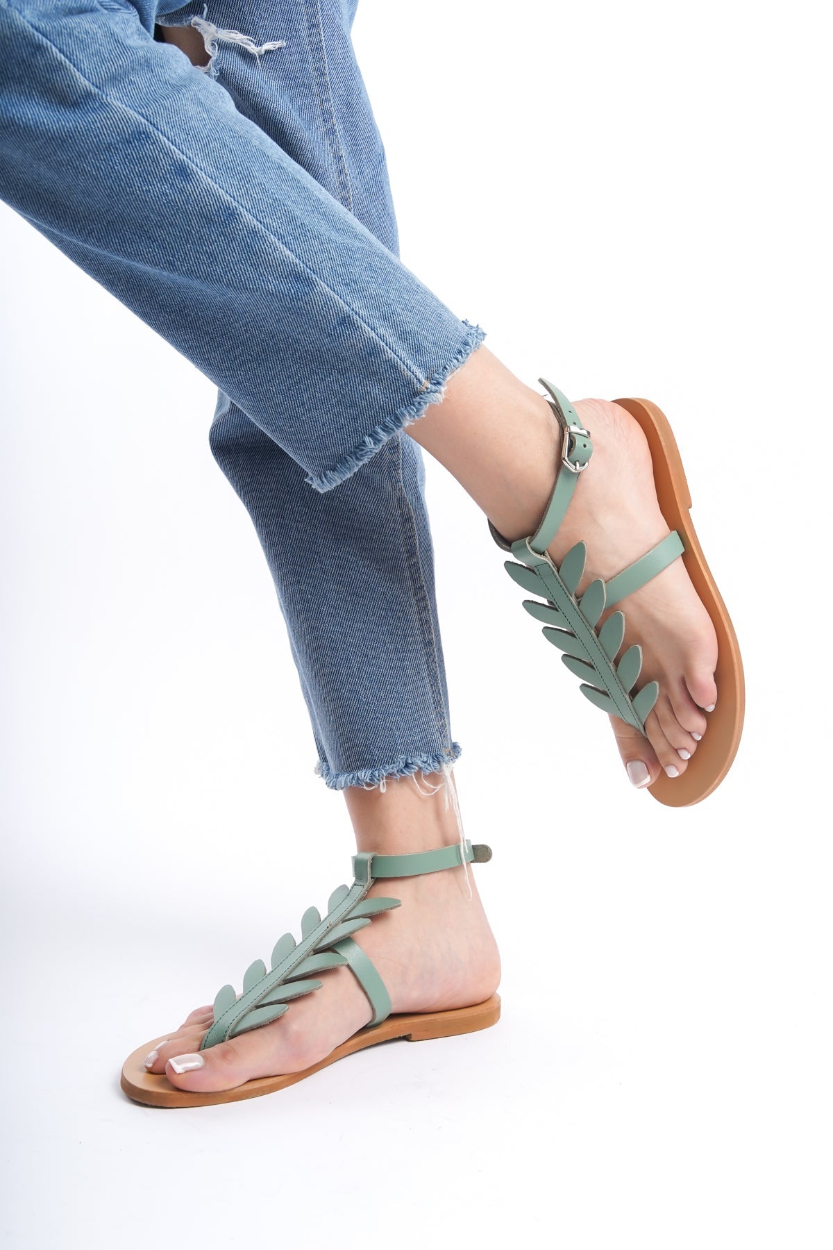 Leather Floral T-Strap Sandal for Women Turquoise