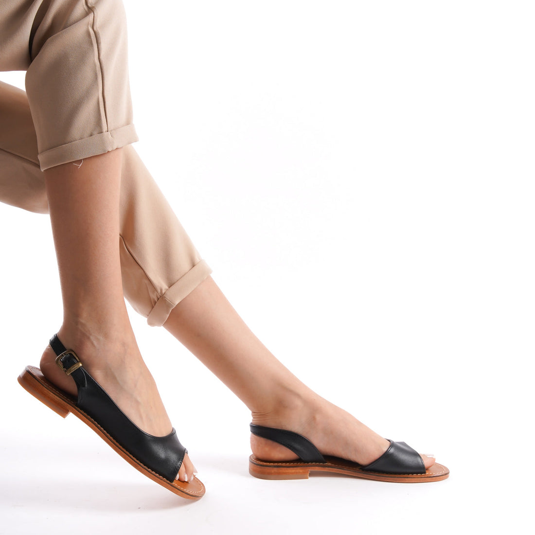 Slingback Flat Sandals Open Toe for Women Black