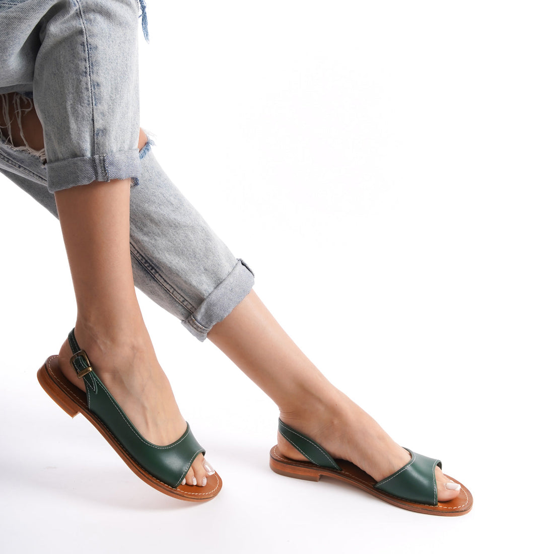 Slingback Flat Sandals Open Toe for Women Green