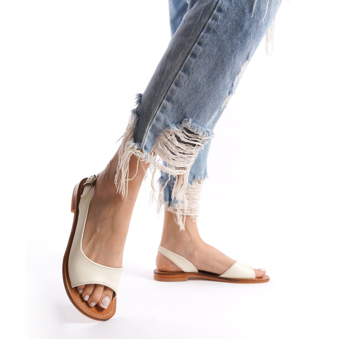 Slingback Flat Sandals Open Toe for Women White