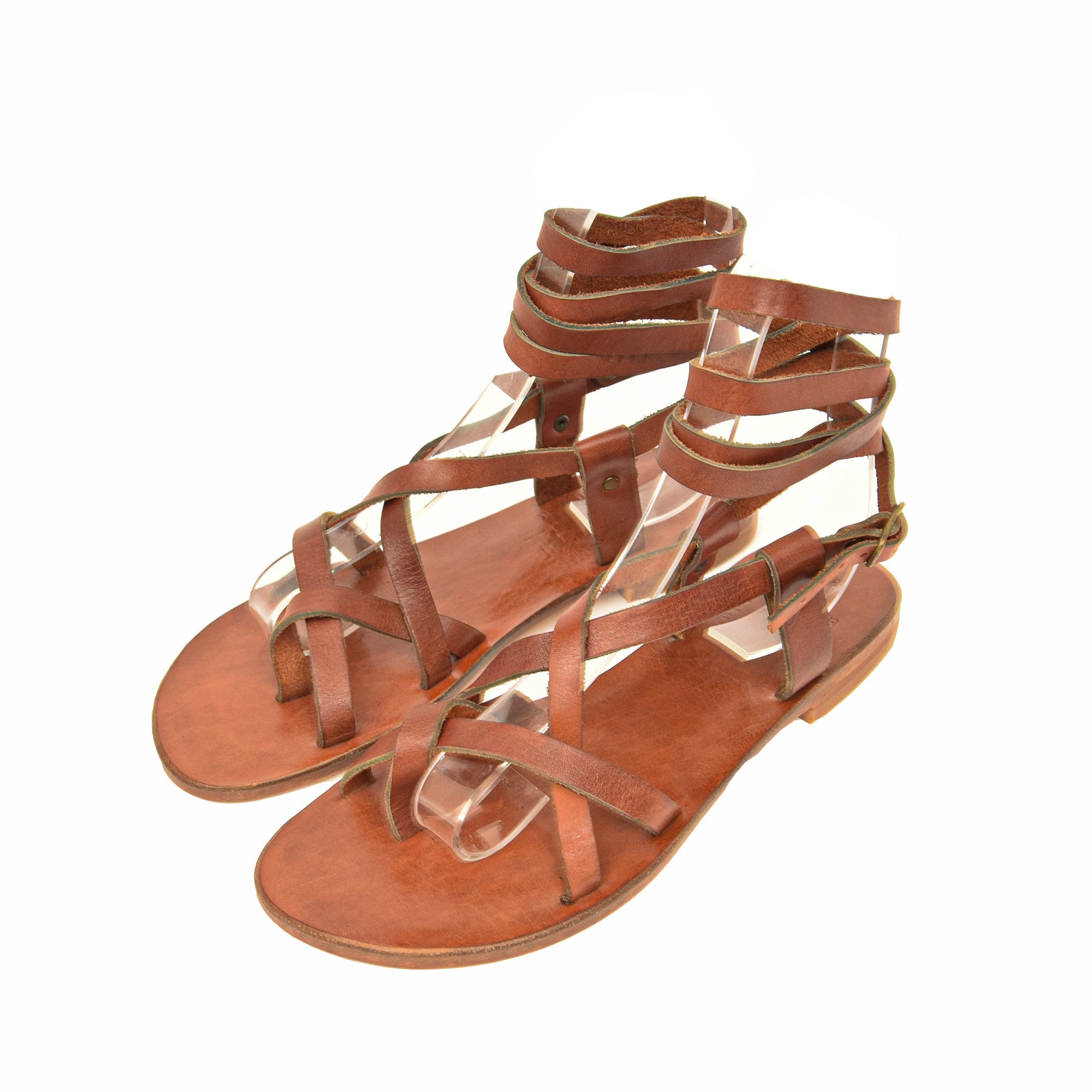 Thetis Chestnut Brown Leather Women’s Sandals - Handmade Flat Sandal, Low Heel Strapped Travel Comfortable Sandal