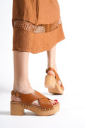 Wedge Heel Open Toe Sandal Shoes for Women Tan Brown