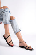 Women’s Toe Ring Leather Strappy Sandals Black